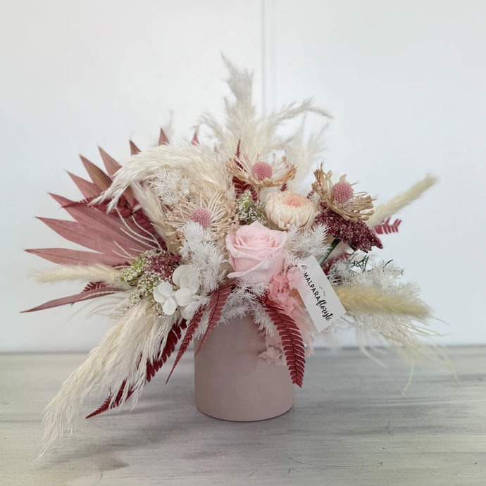 Pretty in pink and burgundy dried arrangement