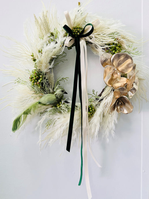 Medium olive green, white & gold Christmas wreath